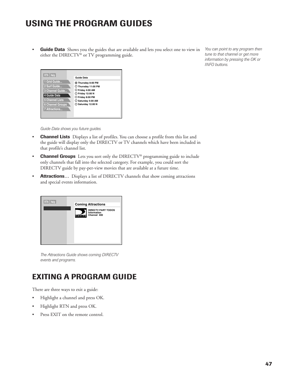 Using the program guides, Exiting a program guide | DirecTV DW65X91 User Manual | Page 47 / 96