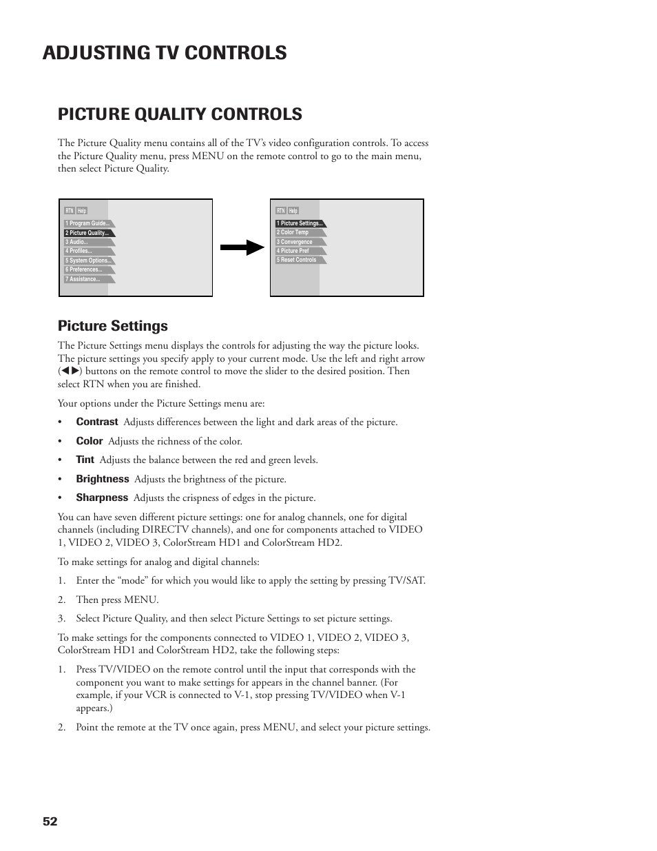 Adjusting tv controls, Picture quality controls, Picture settings | DirecTV DW65X91 User Manual | Page 52 / 96