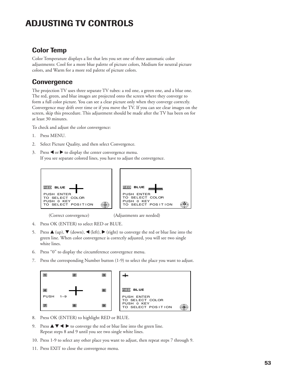 Adjusting tv controls, Color temp, Convergence | DirecTV DW65X91 User Manual | Page 53 / 96