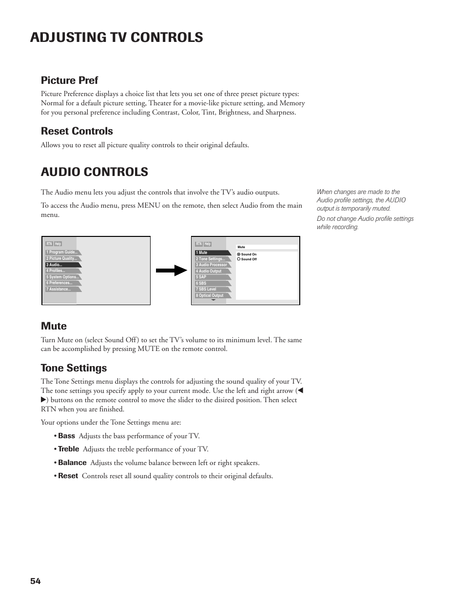 Adjusting tv controls, Audio controls, Picture pref | Reset controls, Mute, Tone settings | DirecTV DW65X91 User Manual | Page 54 / 96