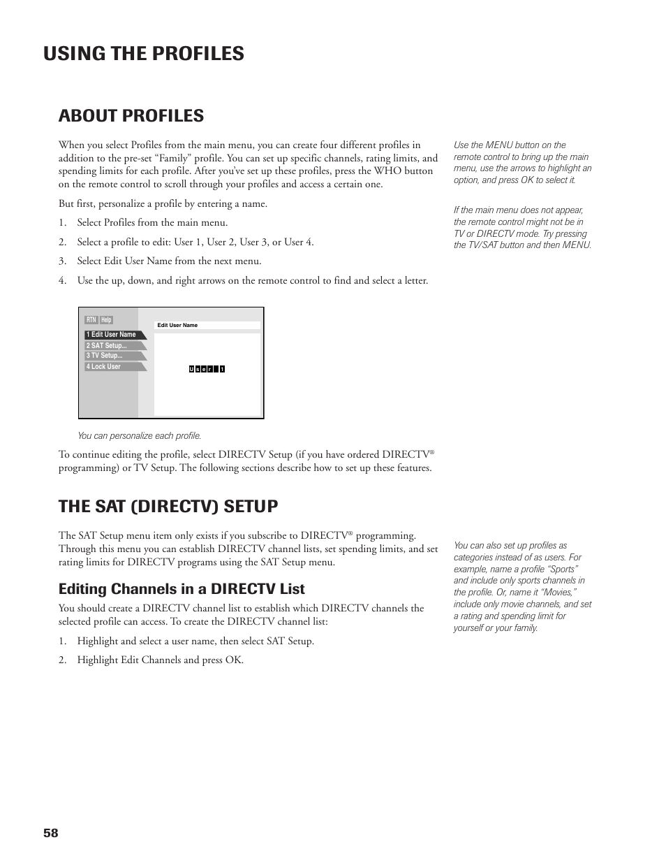 Using the profiles, About profiles, The sat (directv) setup | Editing channels in a directv list | DirecTV DW65X91 User Manual | Page 58 / 96