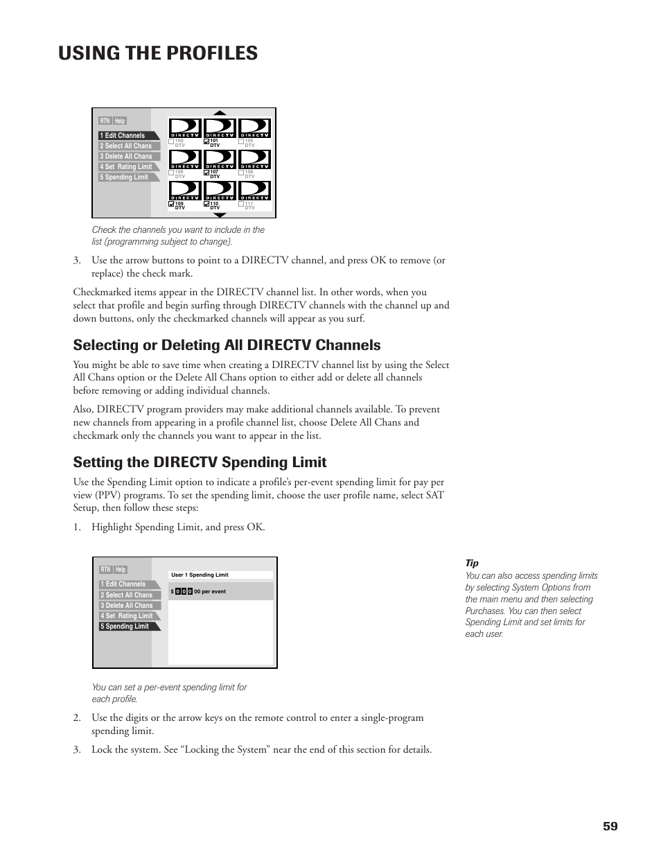 Using the profiles, Selecting or deleting all directv channels, Setting the directv spending limit | DirecTV DW65X91 User Manual | Page 59 / 96