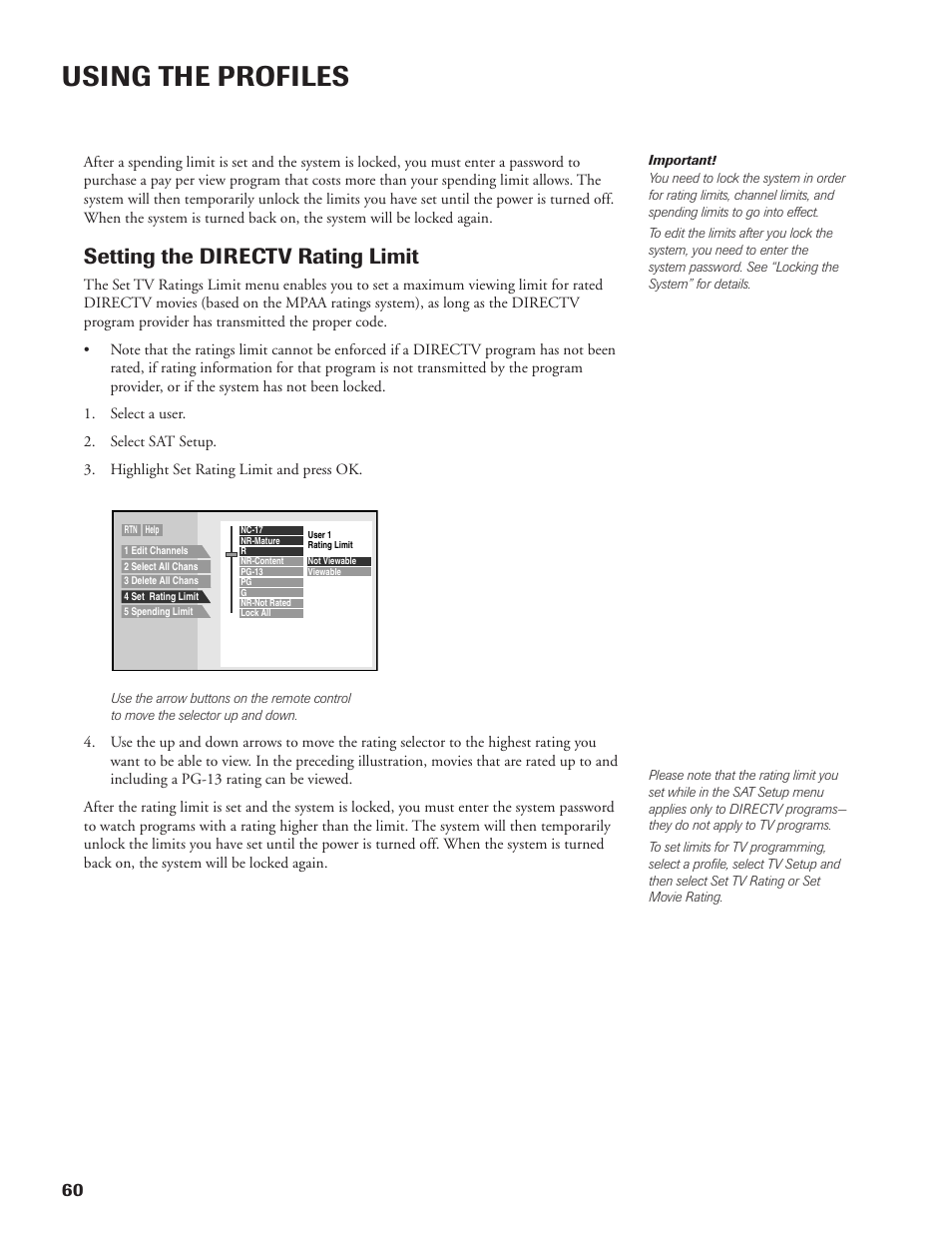 Using the profiles, Setting the directv rating limit | DirecTV DW65X91 User Manual | Page 60 / 96