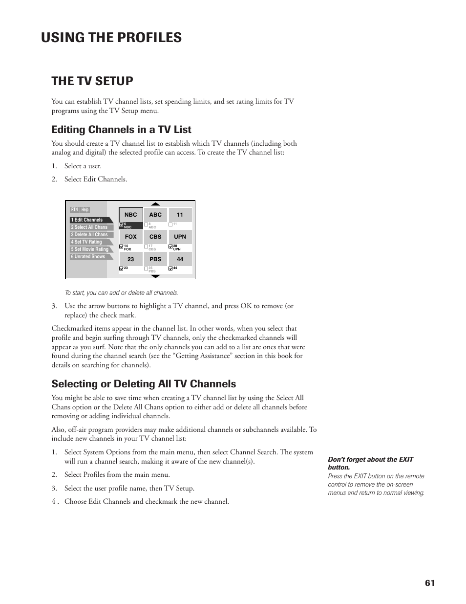 Using the profiles, The tv setup, Editing channels in a tv list | Selecting or deleting all tv channels | DirecTV DW65X91 User Manual | Page 61 / 96