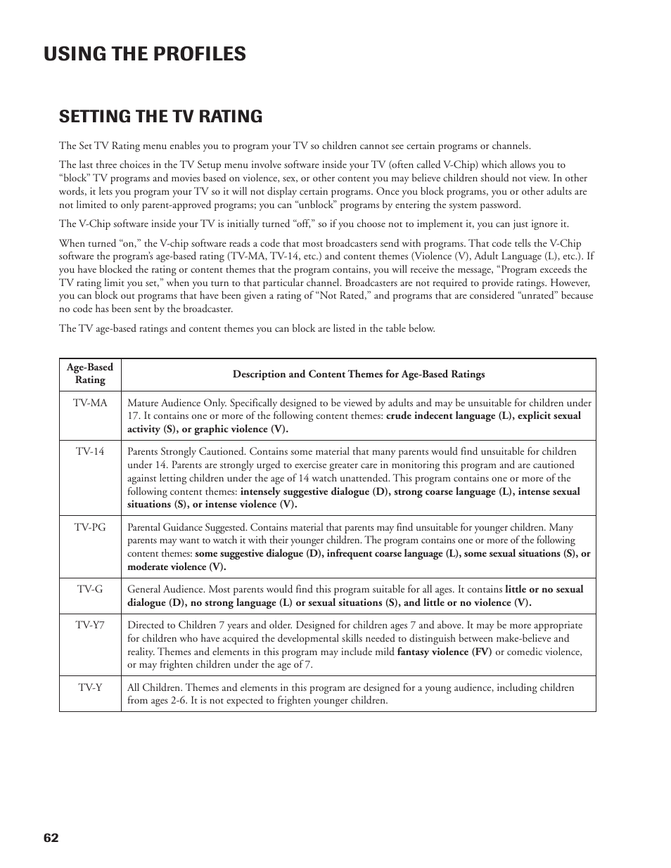 Using the profiles, Setting the tv rating | DirecTV DW65X91 User Manual | Page 62 / 96