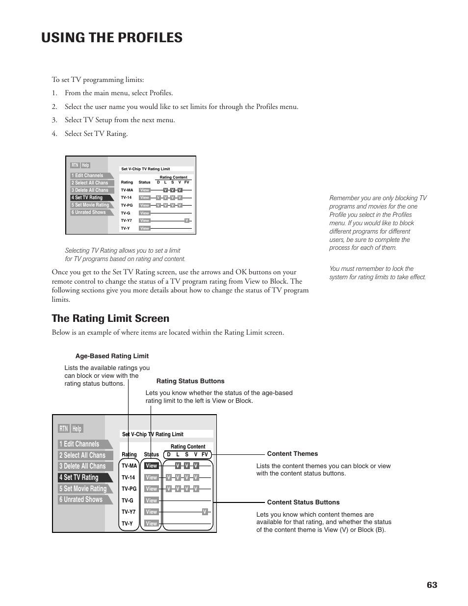 Using the profiles, The rating limit screen, Rtn help | DirecTV DW65X91 User Manual | Page 63 / 96