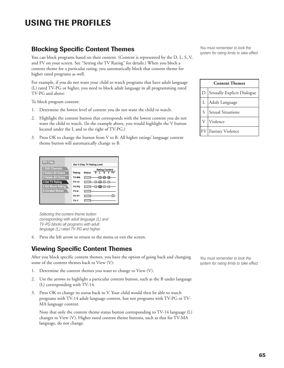 Using the profiles, Blocking specific content themes, Viewing specific content themes | DirecTV DW65X91 User Manual | Page 65 / 96