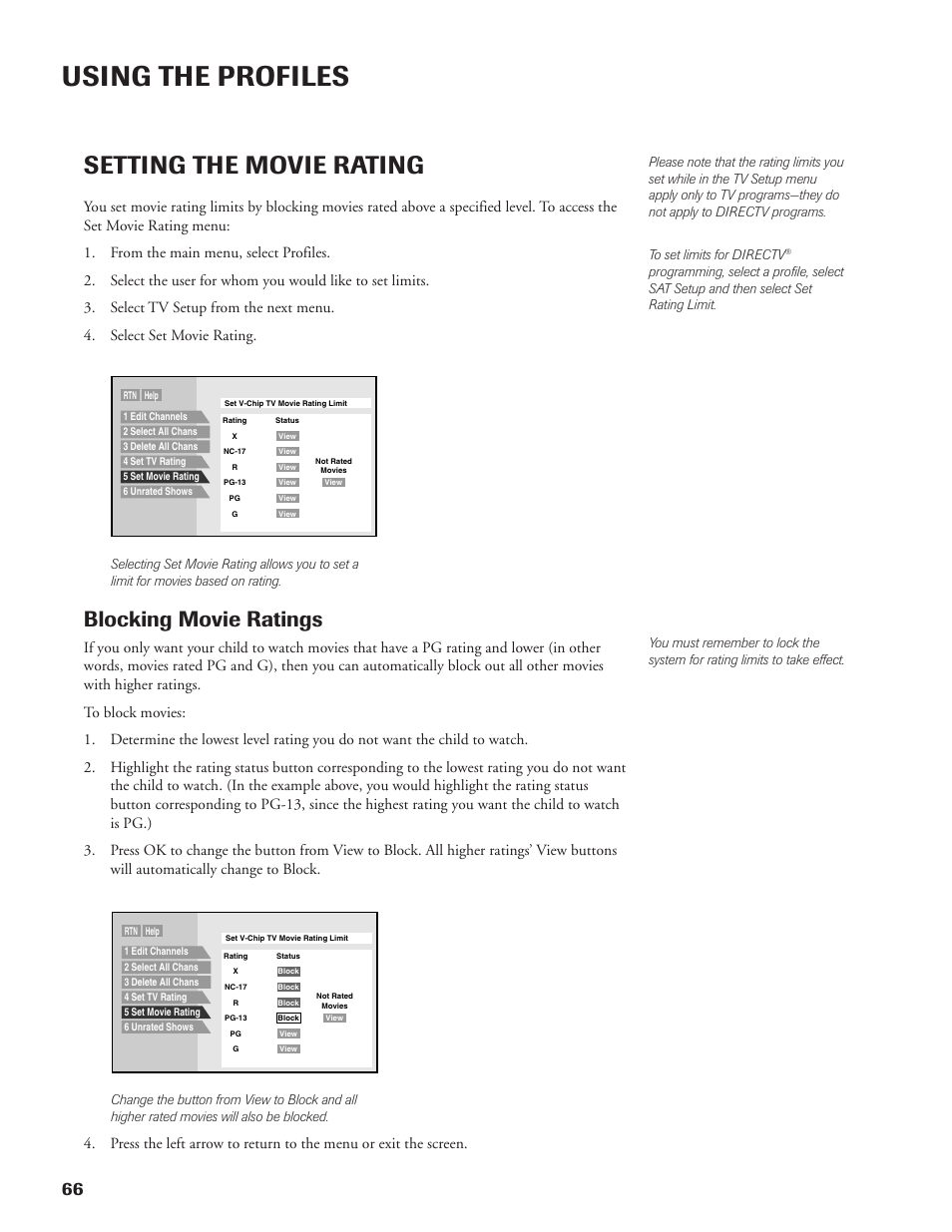 Using the profiles, Setting the movie rating, Blocking movie ratings | DirecTV DW65X91 User Manual | Page 66 / 96