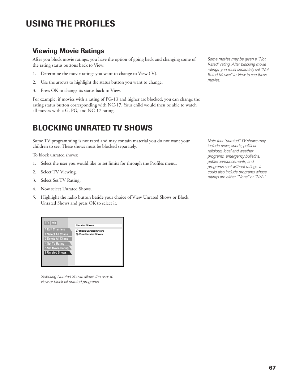 Using the profiles, Blocking unrated tv shows, Viewing movie ratings | DirecTV DW65X91 User Manual | Page 67 / 96