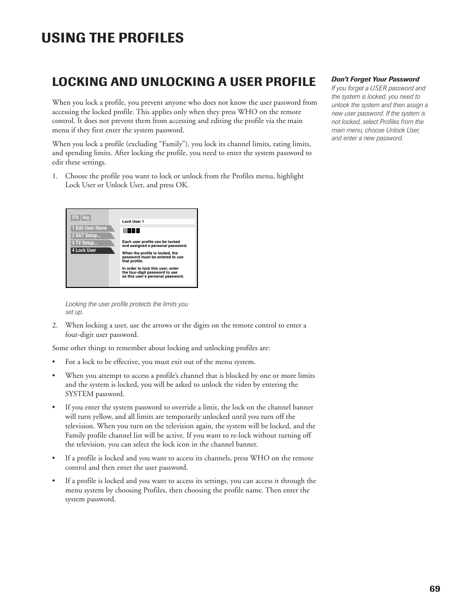 Using the profiles, Locking and unlocking a user profile | DirecTV DW65X91 User Manual | Page 69 / 96