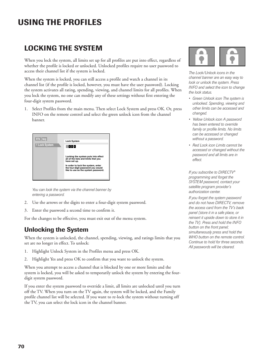 Using the profiles, Locking the system, Unlocking the system | DirecTV DW65X91 User Manual | Page 70 / 96