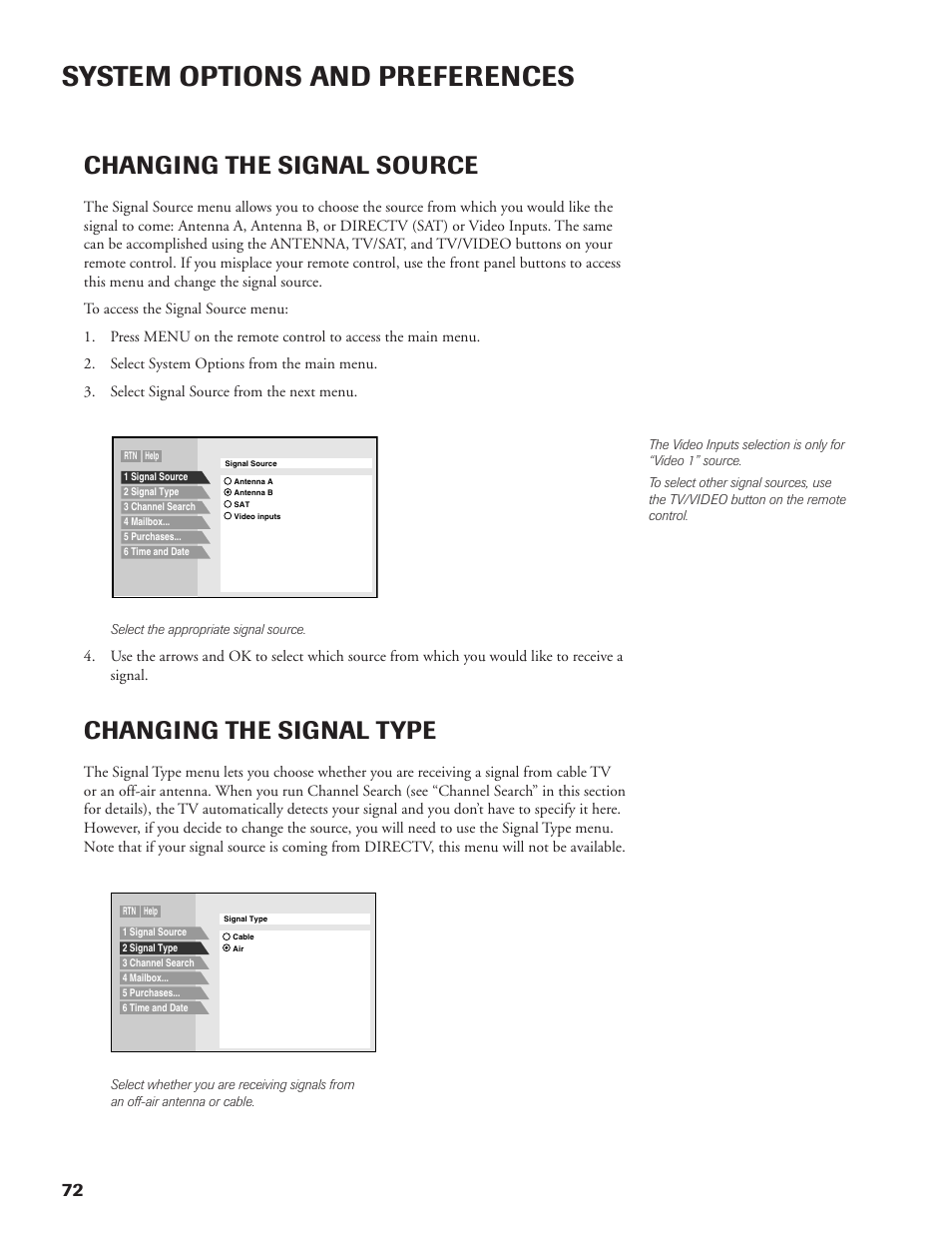 System options and preferences, Changing the signal source, Changing the signal type | DirecTV DW65X91 User Manual | Page 72 / 96