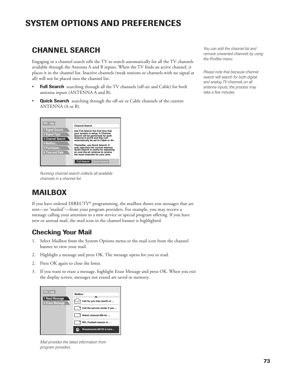 System options and preferences, Channel search, Mailbox | Checking your mail | DirecTV DW65X91 User Manual | Page 73 / 96