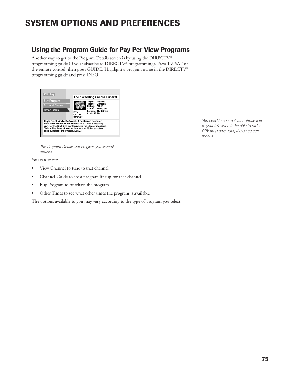 System options and preferences, Using the program guide for pay per view programs | DirecTV DW65X91 User Manual | Page 75 / 96