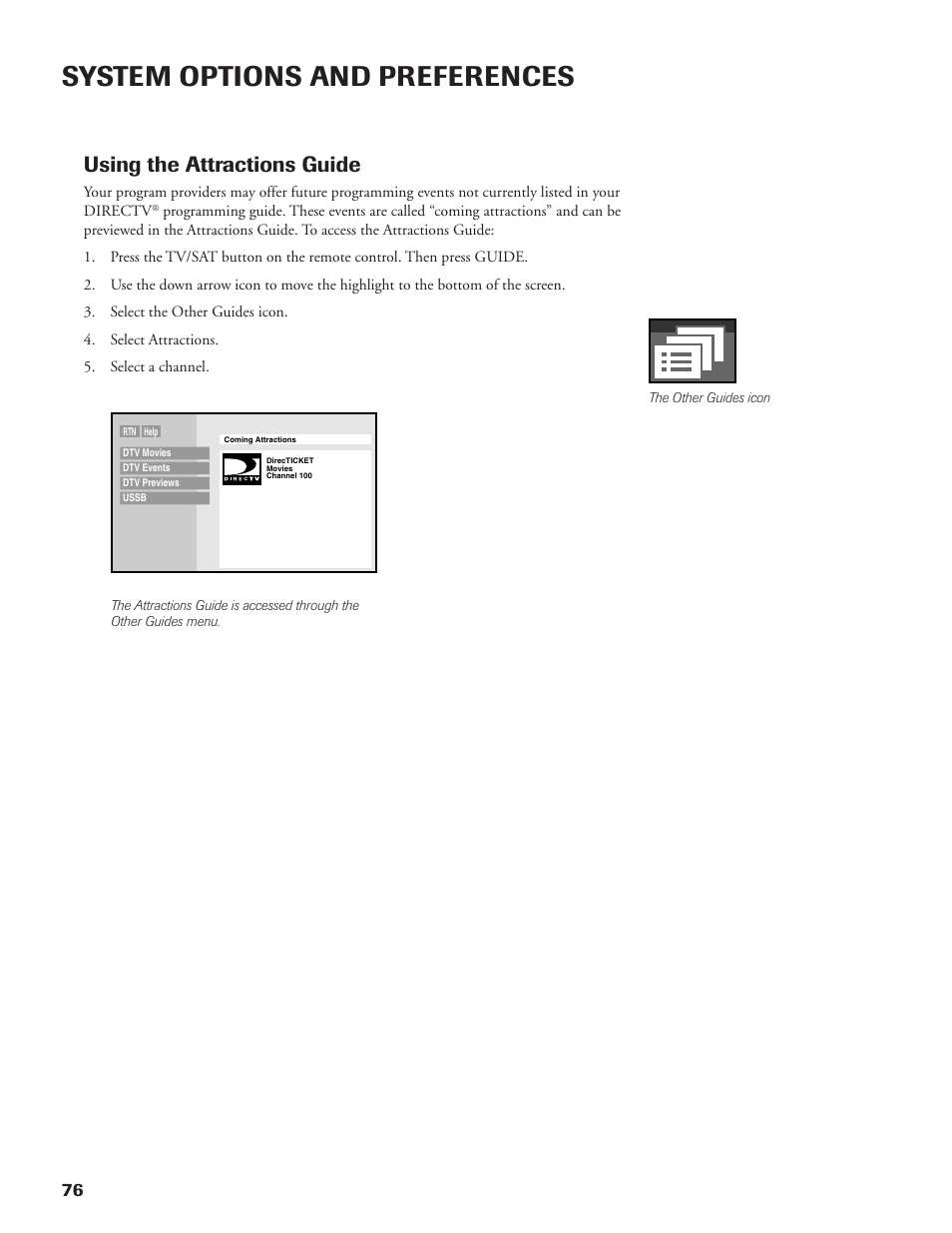 System options and preferences, Using the attractions guide | DirecTV DW65X91 User Manual | Page 76 / 96