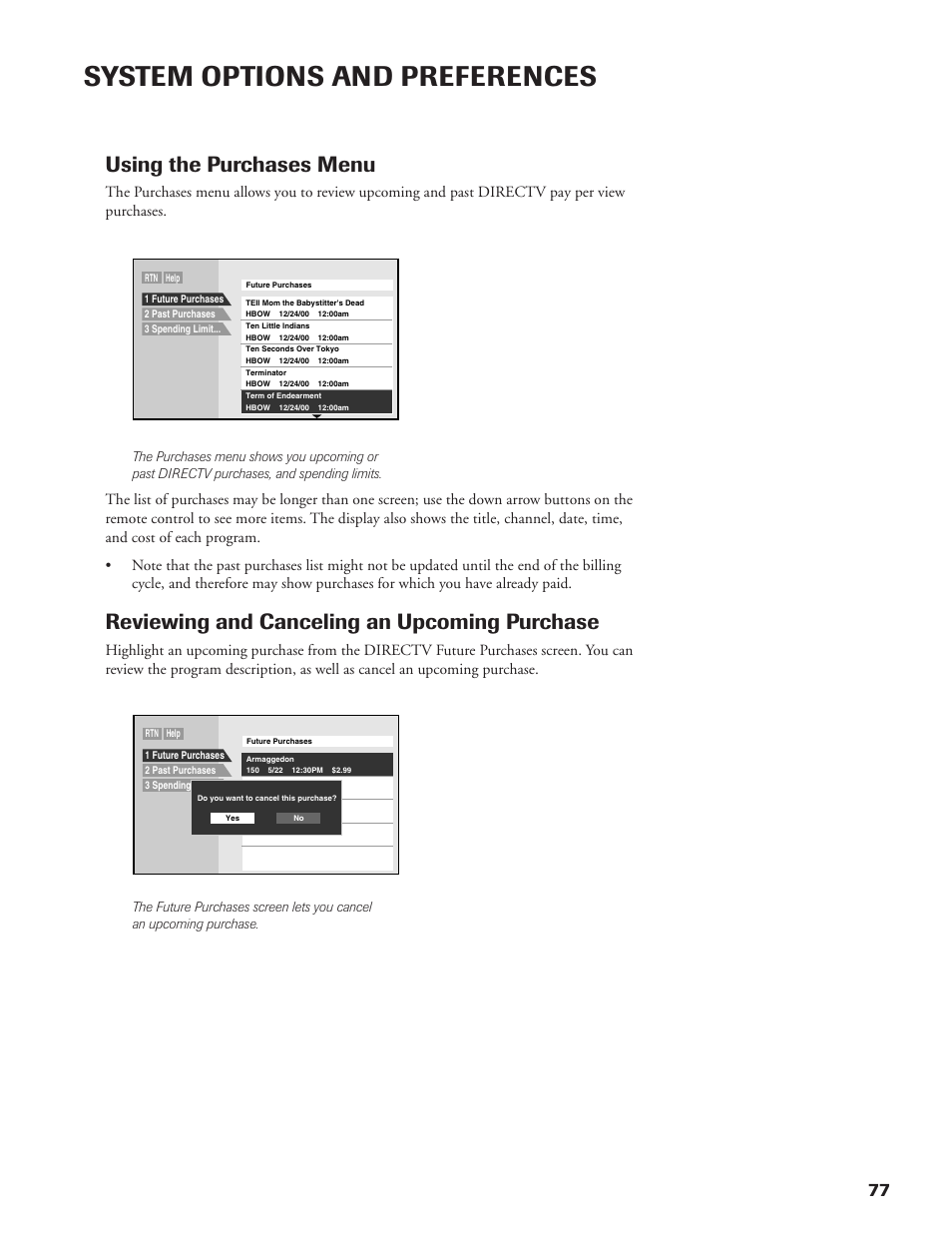 System options and preferences, Using the purchases menu, Reviewing and canceling an upcoming purchase | DirecTV DW65X91 User Manual | Page 77 / 96