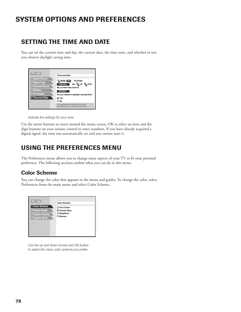 System options and preferences, Setting the time and date, Using the preferences menu | Color scheme | DirecTV DW65X91 User Manual | Page 78 / 96