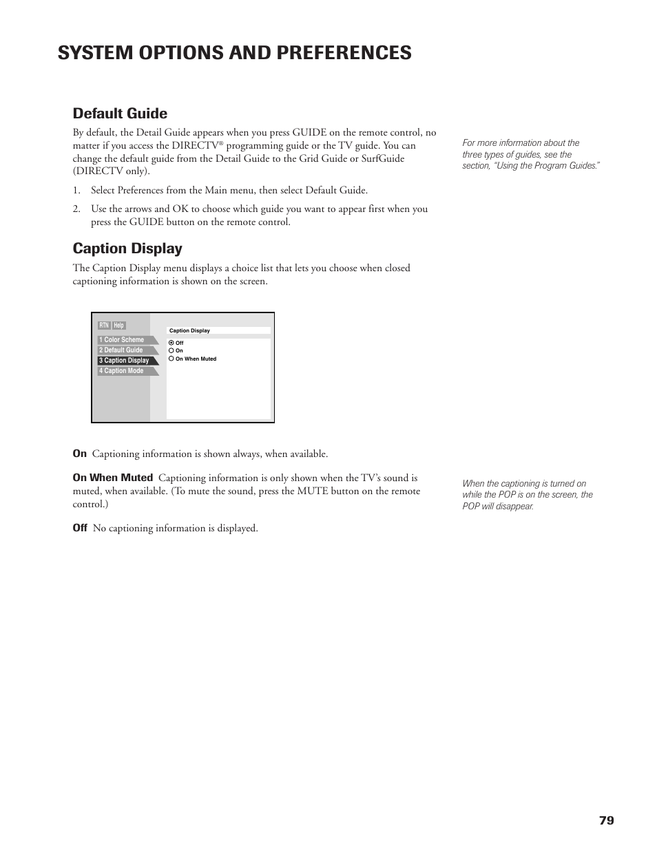 System options and preferences, Default guide, Caption display | DirecTV DW65X91 User Manual | Page 79 / 96