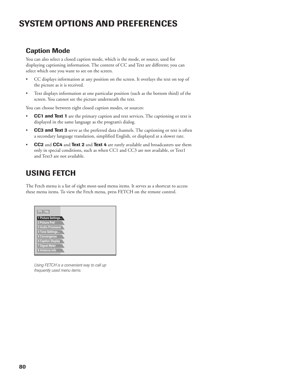 System options and preferences, Using fetch, Caption mode | DirecTV DW65X91 User Manual | Page 80 / 96