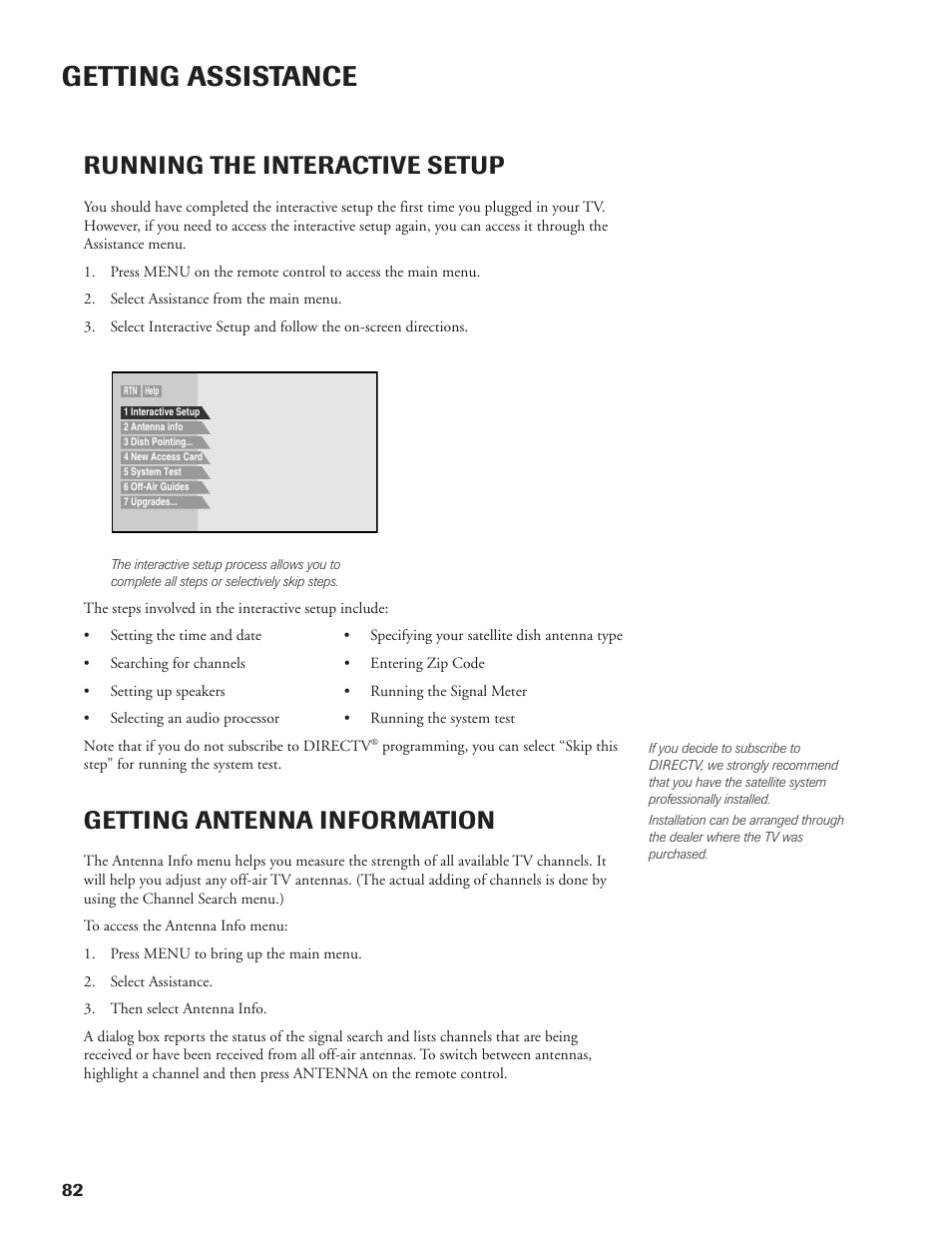 Getting assistance, Running the interactive setup, Getting antenna information | DirecTV DW65X91 User Manual | Page 82 / 96