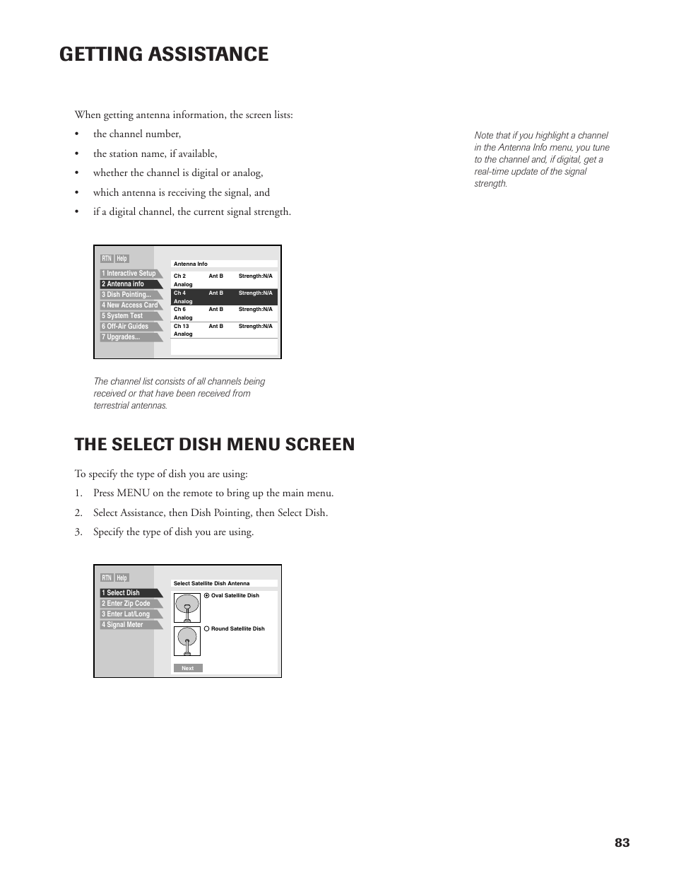 Getting assistance, The select dish menu screen | DirecTV DW65X91 User Manual | Page 83 / 96