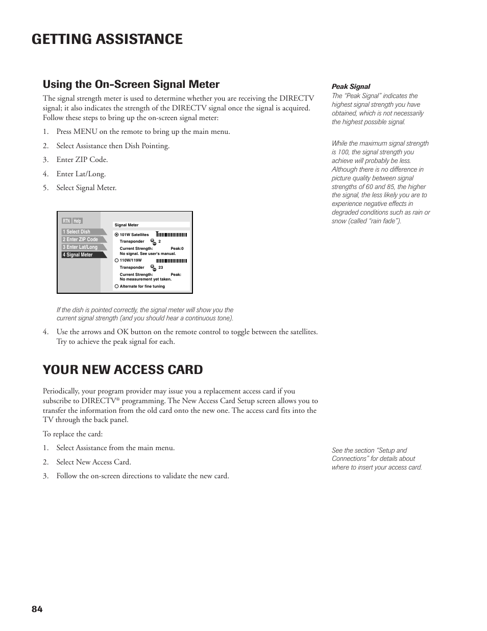 Getting assistance, Your new access card, Using the on-screen signal meter | DirecTV DW65X91 User Manual | Page 84 / 96