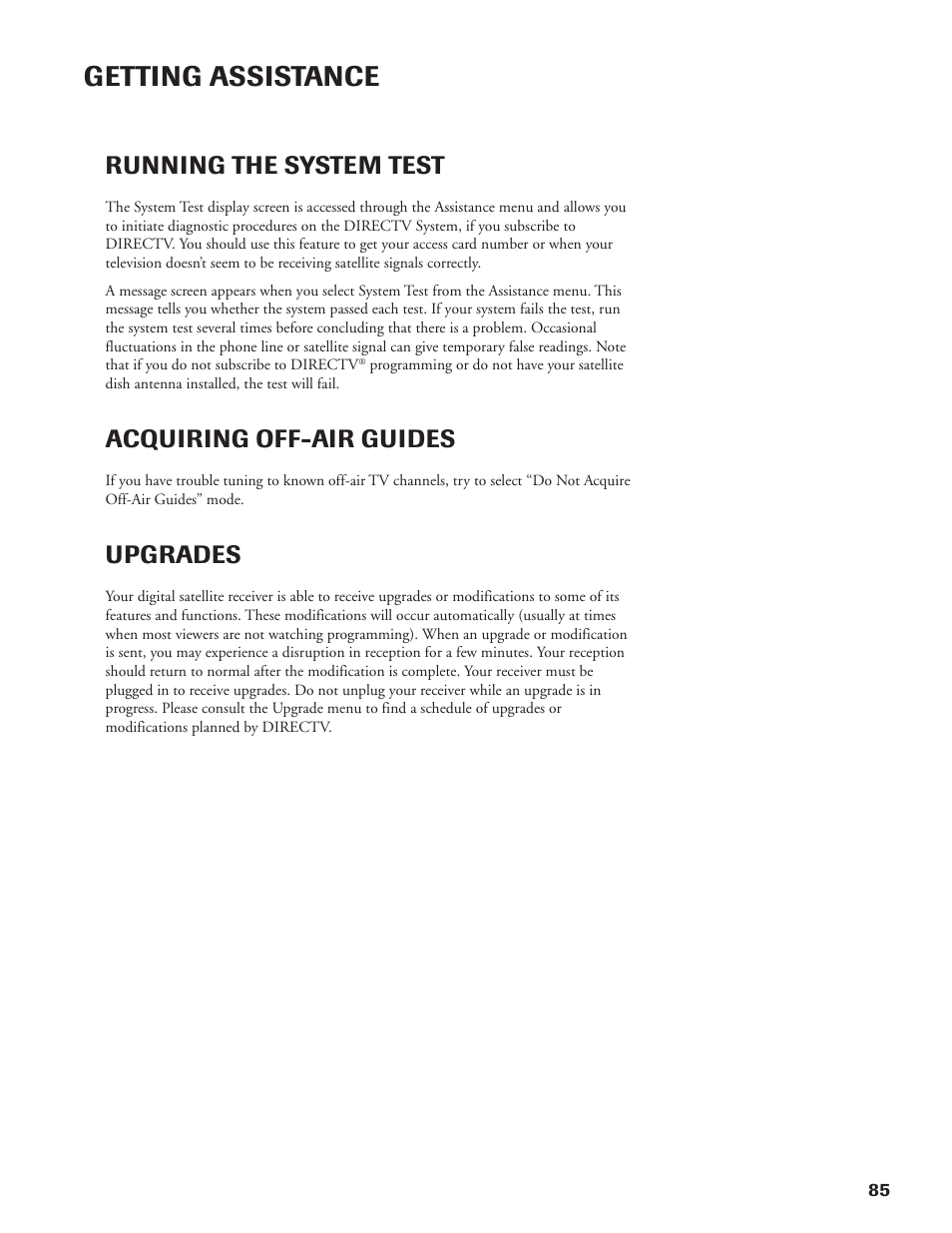 Getting assistance, Running the system test, Acquiring off-air guides | Upgrades | DirecTV DW65X91 User Manual | Page 85 / 96