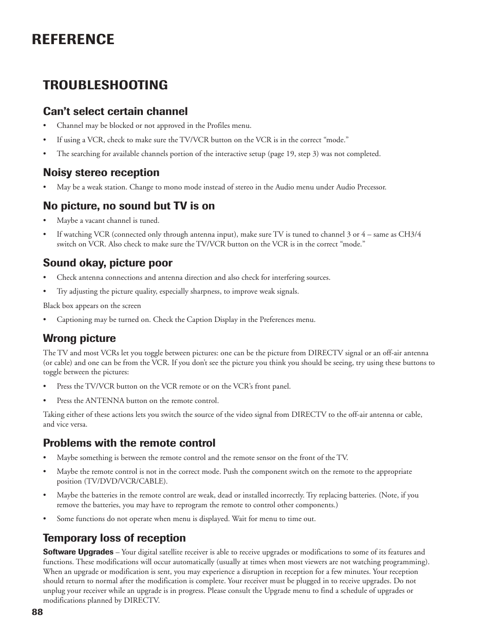 Reference, Troubleshooting, Can’t select certain channel | Noisy stereo reception, No picture, no sound but tv is on, Sound okay, picture poor, Wrong picture, Problems with the remote control, Temporary loss of reception | DirecTV DW65X91 User Manual | Page 88 / 96