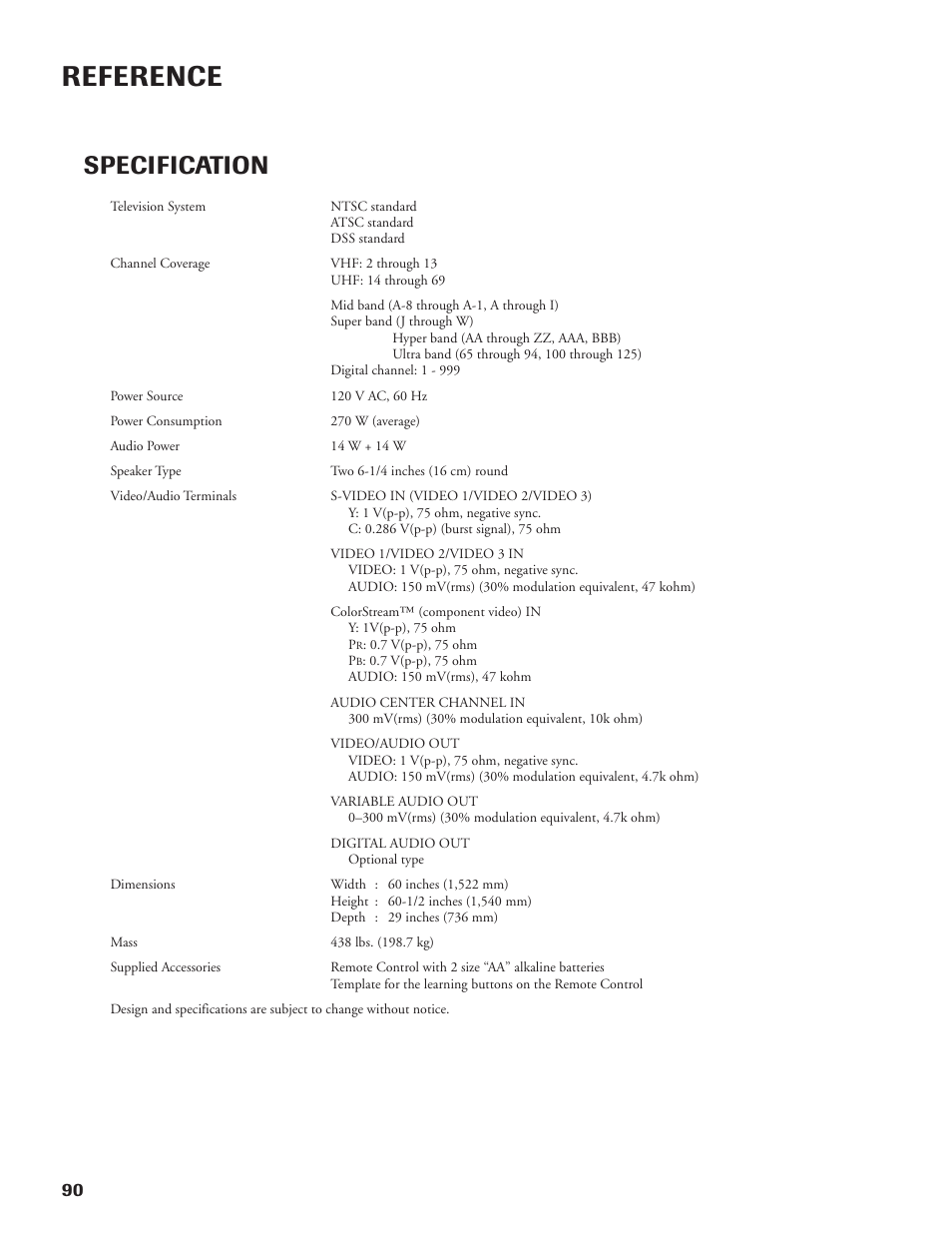 Reference, Specification | DirecTV DW65X91 User Manual | Page 90 / 96