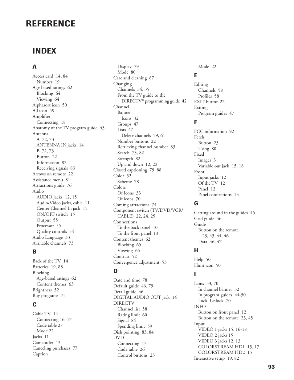 Reference, Index | DirecTV DW65X91 User Manual | Page 93 / 96