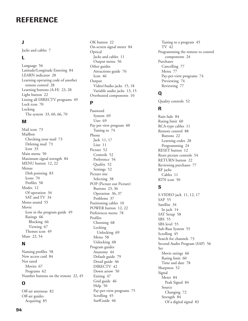Reference | DirecTV DW65X91 User Manual | Page 94 / 96