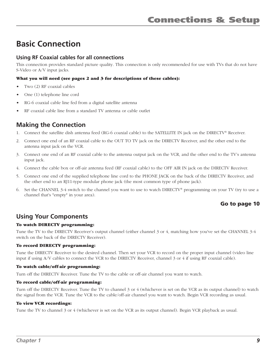 Connections & setup, Connections & setup basic connection, Making the connection | Using your components | DirecTV D10 User Manual | Page 11 / 48