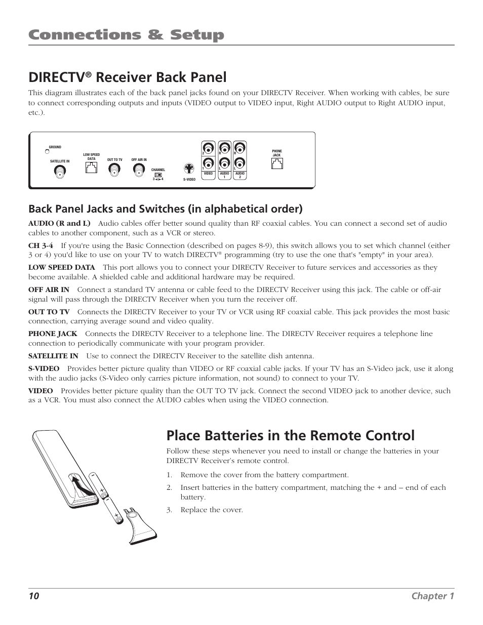 Connections & setup, Connections & setup directv, Receiver back panel | Place batteries in the remote control | DirecTV D10 User Manual | Page 12 / 48