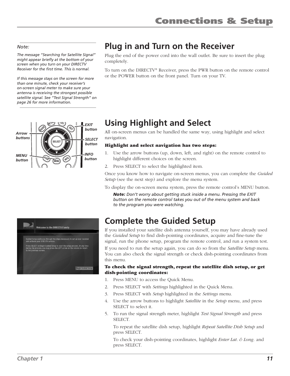 Connections & setup, Plug in and turn on the receiver, Using highlight and select | Complete the guided setup | DirecTV D10 User Manual | Page 13 / 48