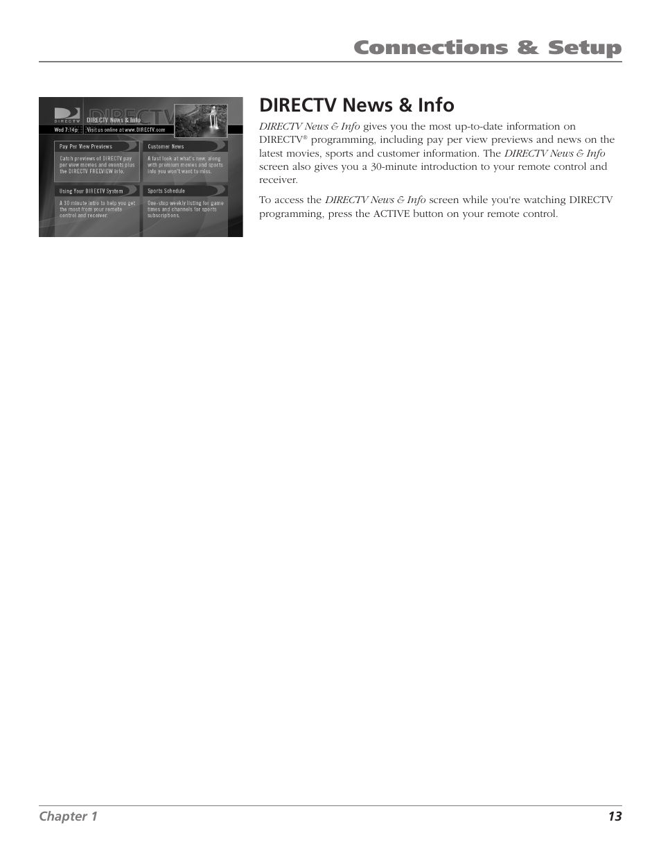 Connections & setup, Connections & setup directv news & info | DirecTV D10 User Manual | Page 15 / 48
