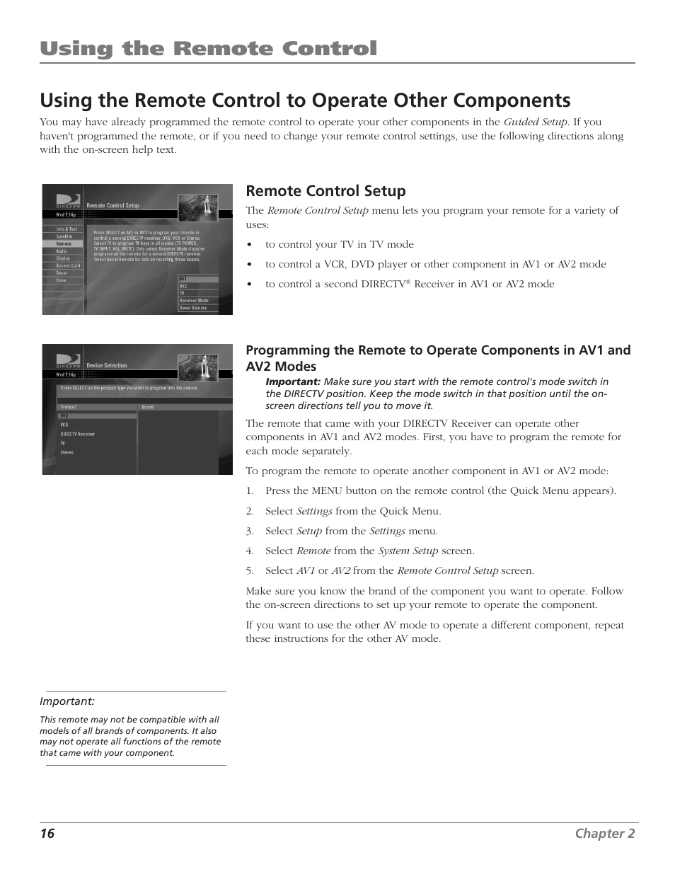 Using the remote control, Remote control setup | DirecTV D10 User Manual | Page 18 / 48