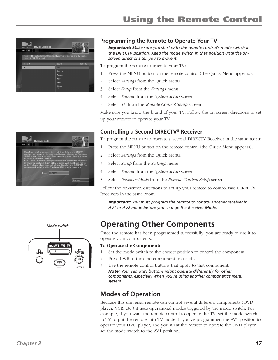 Using the remote control, Operating other components, Modes of operation | 16 chapter 2, Chapter 2 17, Programming the remote to operate your tv, Controlling a second directv, Receiver | DirecTV D10 User Manual | Page 19 / 48