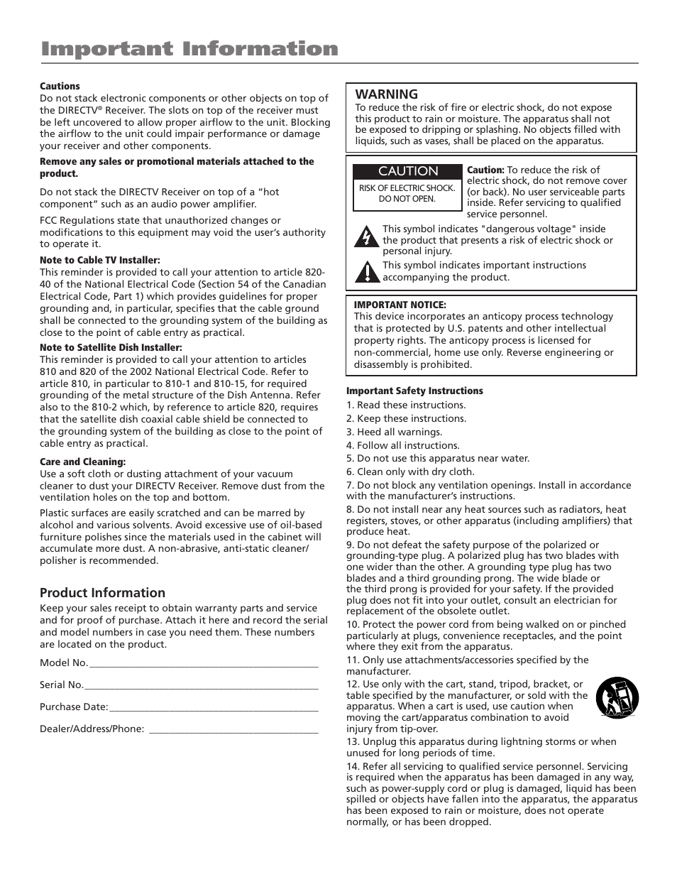 Important information, Product information, Warning | Caution | DirecTV D10 User Manual | Page 2 / 48