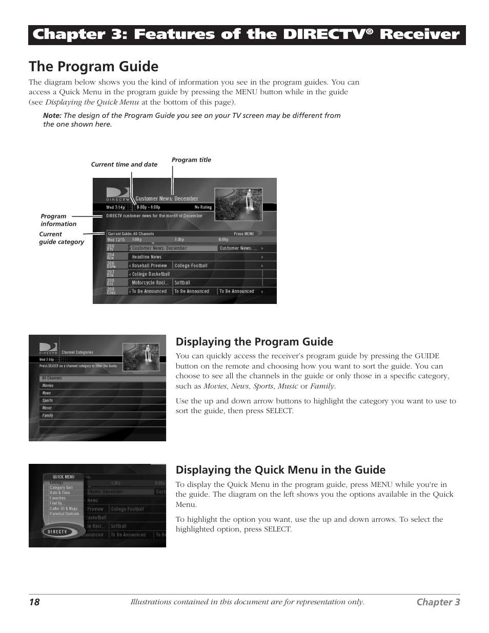 Chapter 3: features of the directv, Receiver, Features of the directv | Receiver the program guide | DirecTV D10 User Manual | Page 20 / 48