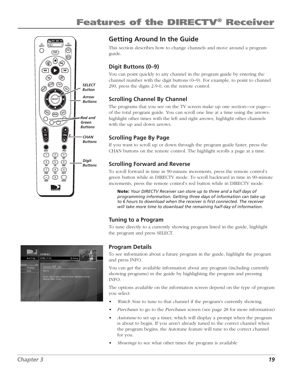 Chapter 3: features of the directv, Receiver, Features of the directv | Getting around in the guide, 18 chapter 3, Chapter 3 19, Digit buttons (0–9), Scrolling channel by channel, Scrolling page by page, Scrolling forward and reverse | DirecTV D10 User Manual | Page 21 / 48