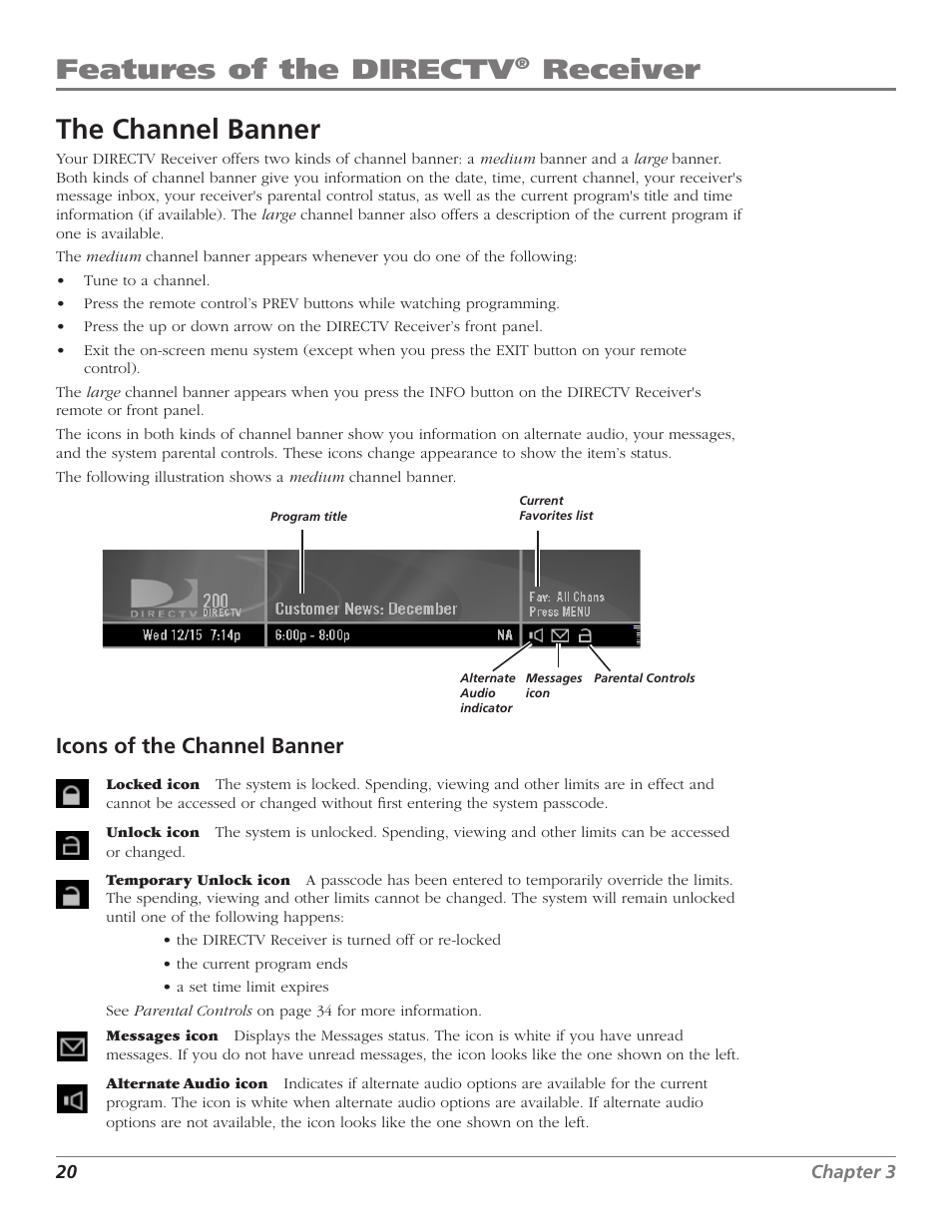 Features of the directv, Receiver, Receiver the channel banner | DirecTV D10 User Manual | Page 22 / 48