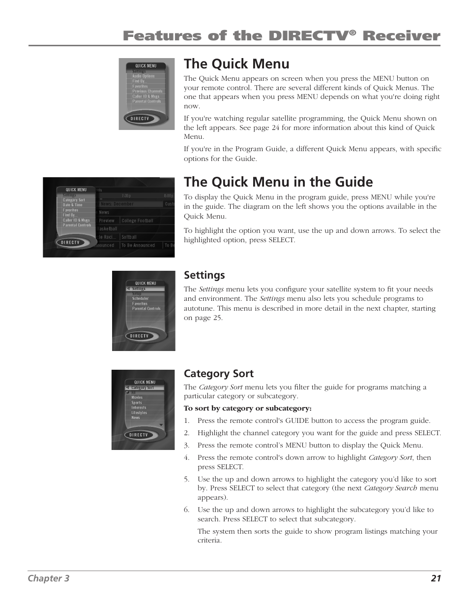 Features of the directv, Receiver, Receiver the quick menu in the guide | The quick menu | DirecTV D10 User Manual | Page 23 / 48