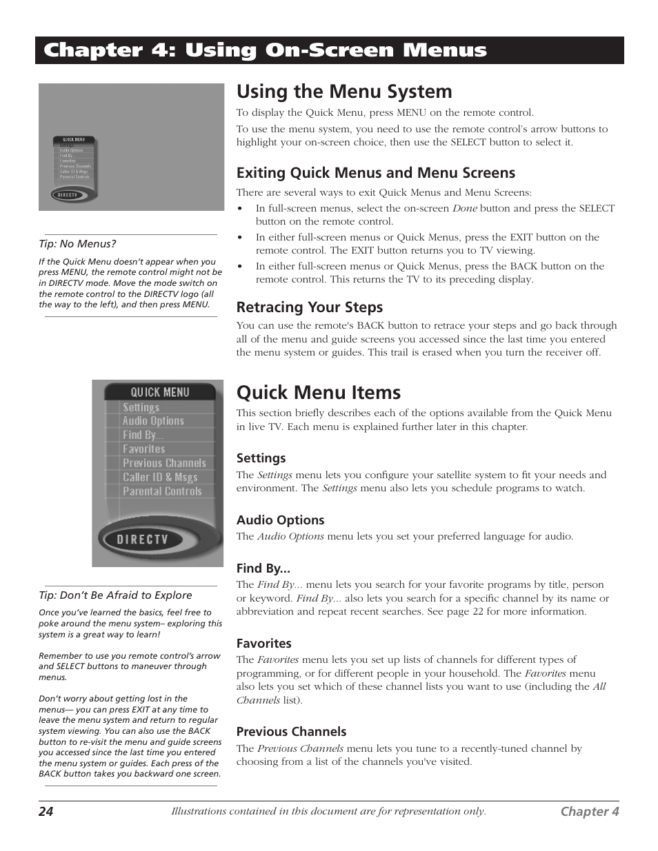Chapter 4: using on-screen menus, Using on-screen menus using the menu system, Quick menu items | Exiting quick menus and menu screens, Retracing your steps | DirecTV D10 User Manual | Page 26 / 48