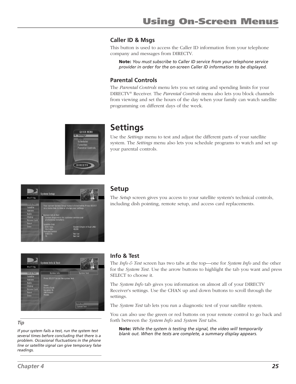 Chapter 4: using on-screen menus, Using on-screen menus, Settings | Setup | DirecTV D10 User Manual | Page 27 / 48