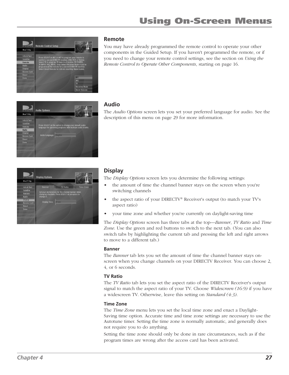 Using on-screen menus | DirecTV D10 User Manual | Page 29 / 48