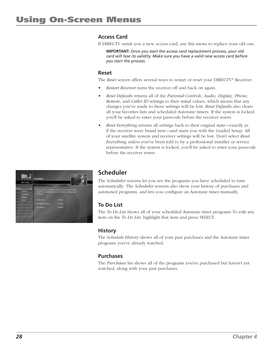 Using on-screen menus, Scheduler | DirecTV D10 User Manual | Page 30 / 48