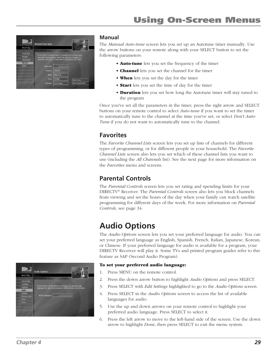 Using on-screen menus, Audio options, Favorites | Parental controls | DirecTV D10 User Manual | Page 31 / 48