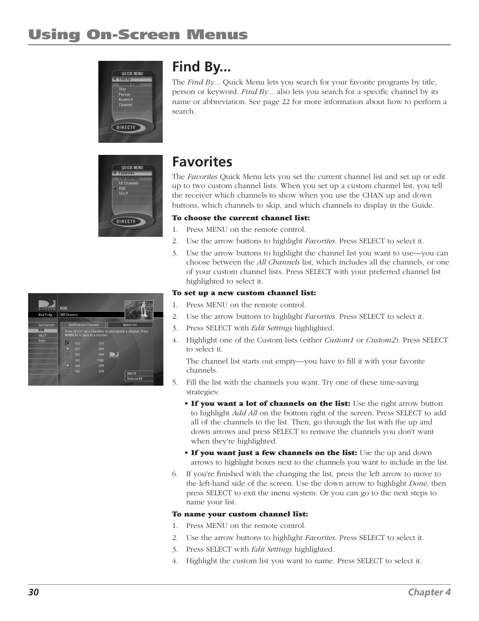 Using on-screen menus, Using on-screen menus find by, Favorites | DirecTV D10 User Manual | Page 32 / 48