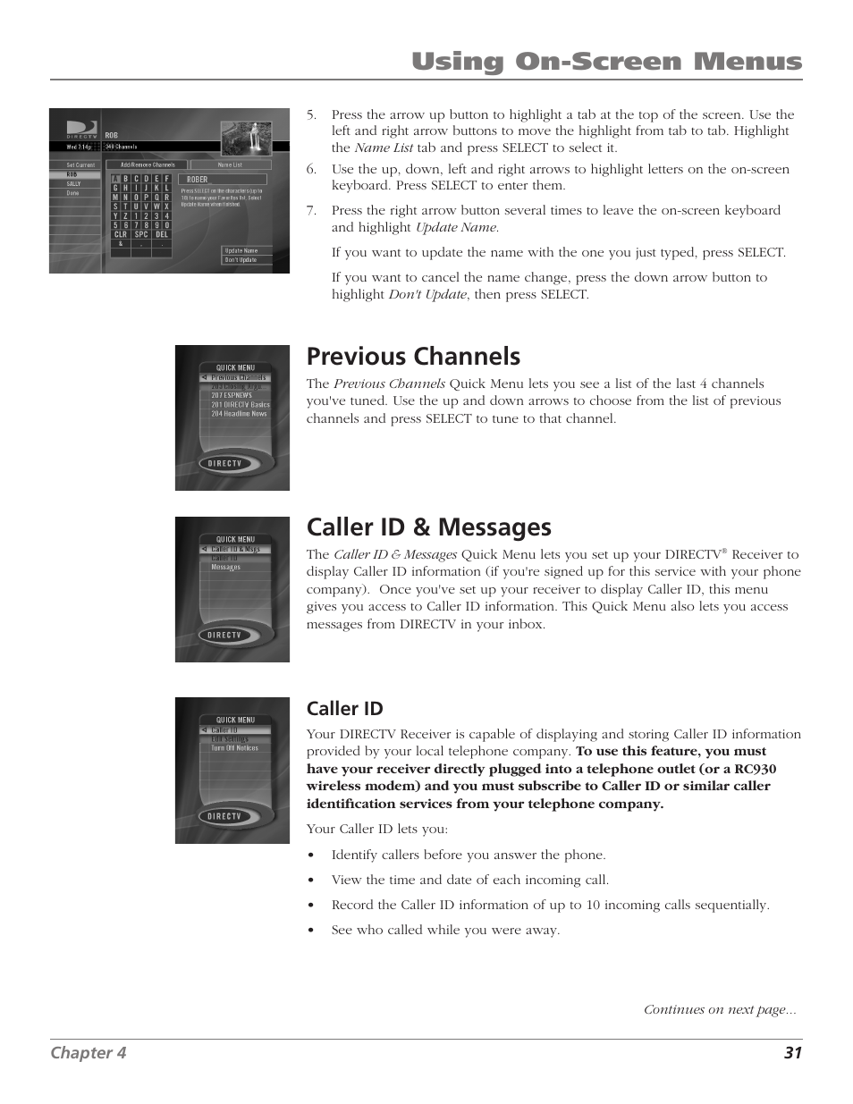 Using on-screen menus, Previous channels, Caller id & messages | Caller id | DirecTV D10 User Manual | Page 33 / 48