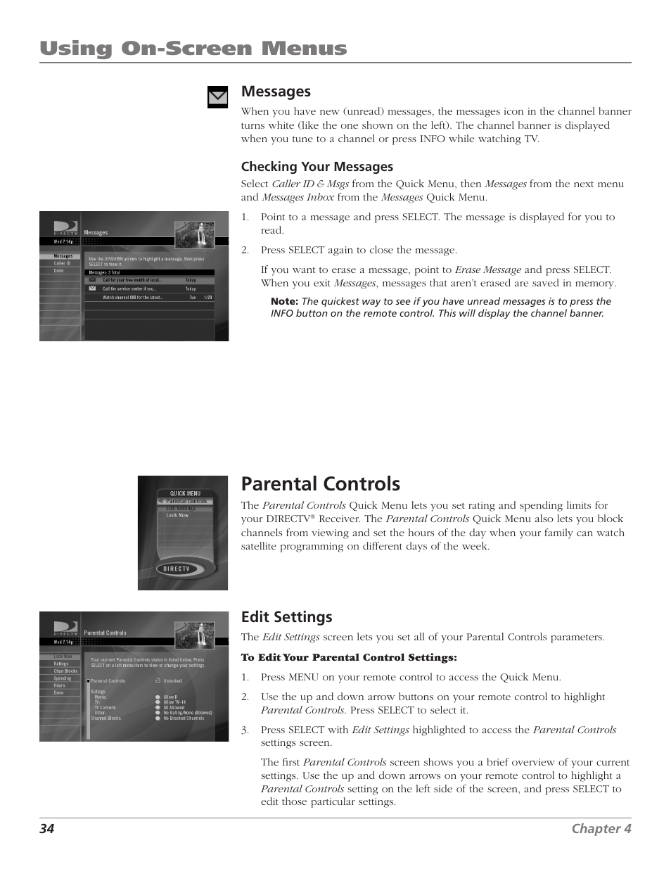 Using on-screen menus, Parental controls, Messages | Edit settings | DirecTV D10 User Manual | Page 36 / 48